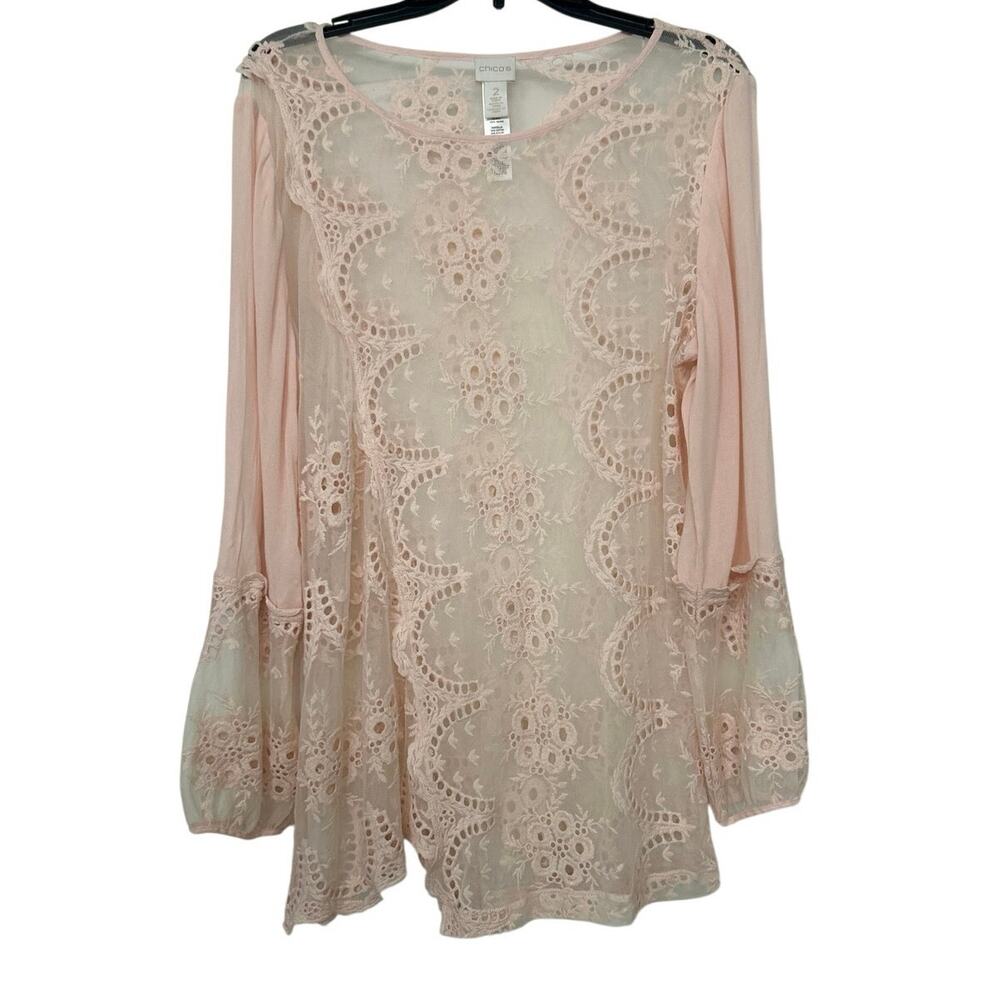 Chico’s Size 2 Sheer Mesh Embroidered Lace Blush Romantic Cottage Boho Top L